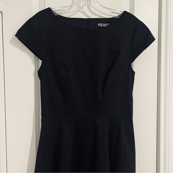 Vintage Pukavt Black Cap Sleeve Midi Dress with Pockets in Women's Size Medium - Picture 3 of 11